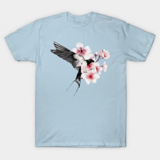 Beautiful Flying Swallow and Sakura Blossom - japanese painting T-Shirt